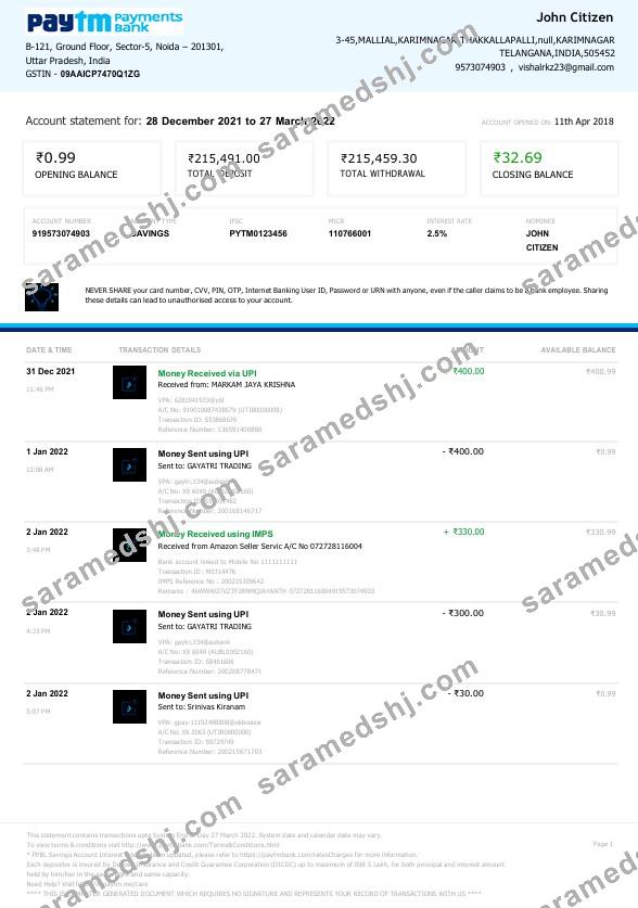India Paytm Payments bank statement Word and PDF template, 2 pages
